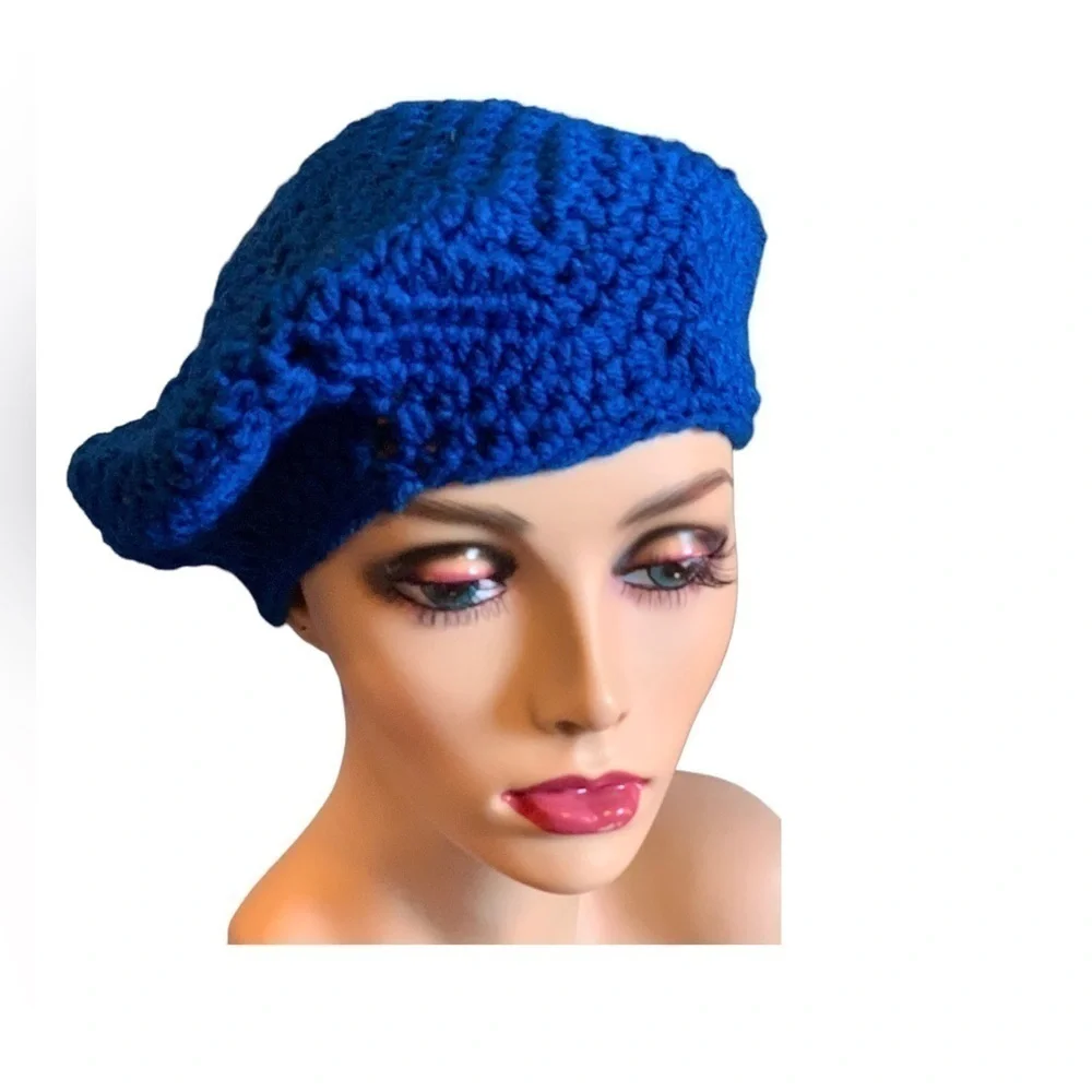 UNISEX KNIT BERET SLOUCH HAT HANDMADE CROCHET BLUE WARM WINTER GEAR OS - Picture 2 of 6